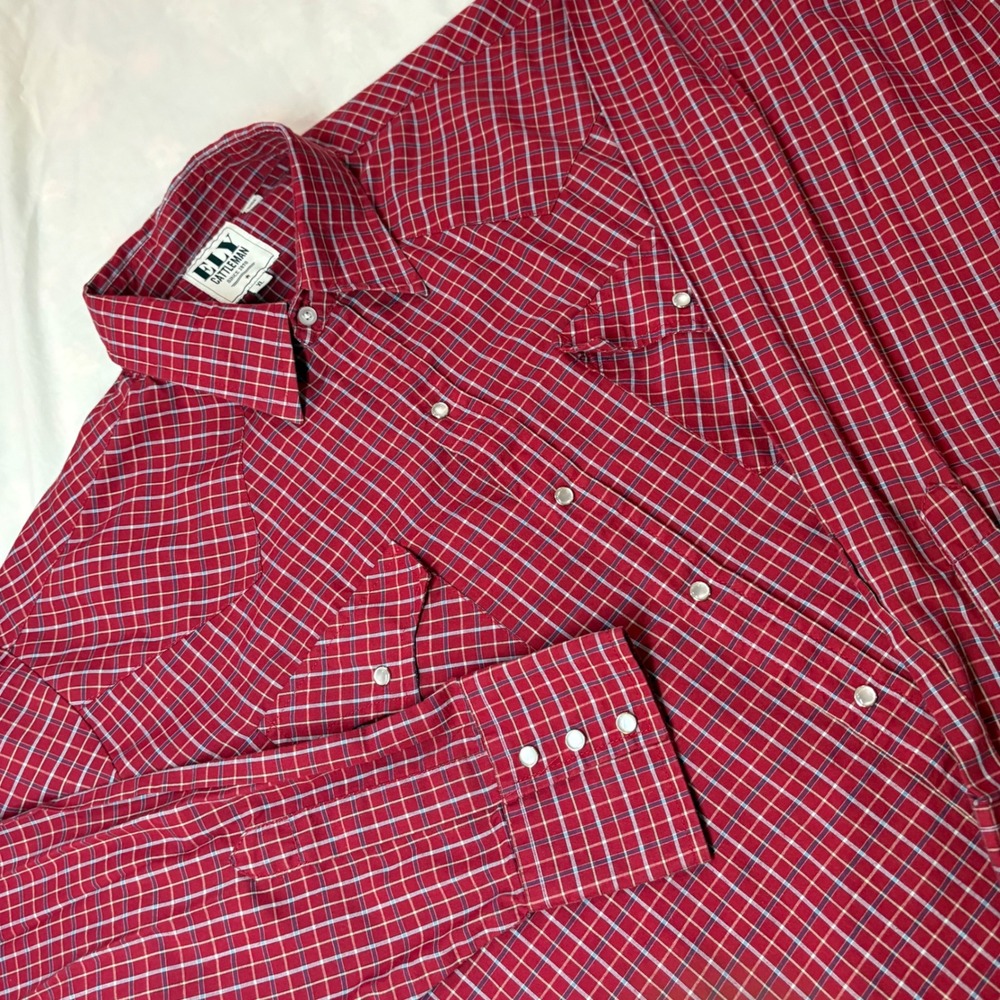 Ely Cattleman‎ XL Red Plaid Long Sleeve Pearl Snap Western Shirt Grid Pattern